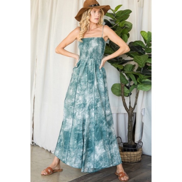 Green Tie Dye Wide Palazzo Flare Leg Smocked Bohemian Casual Jumpsuit w/ Pockets - Picture 5 of 13
